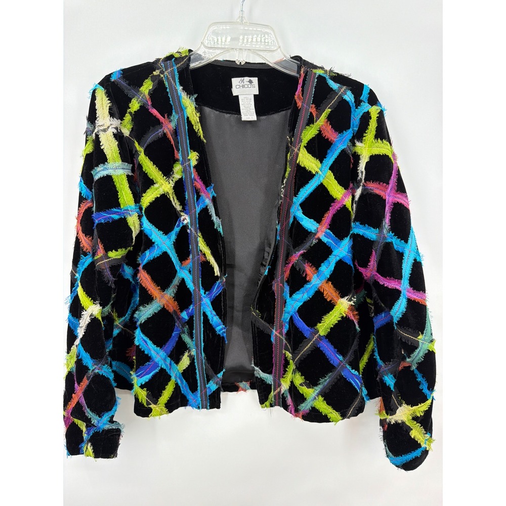 Chicos Velvet Jacket Size 1 Black Multicolor Fringed Grid Open Front Silk Blend